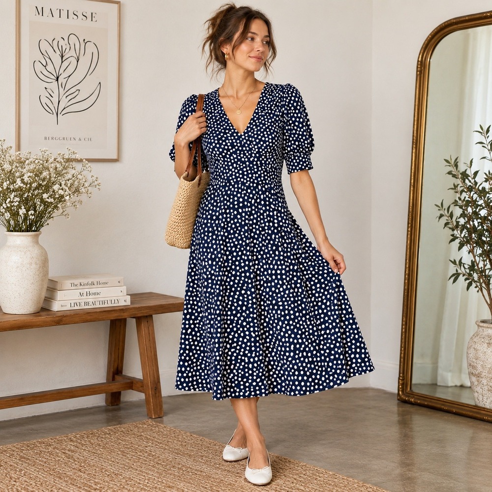 Boden Eva Jersey Midi Dress Navy Blue White Polka Dot V-Neck Puff Sleeve 14R